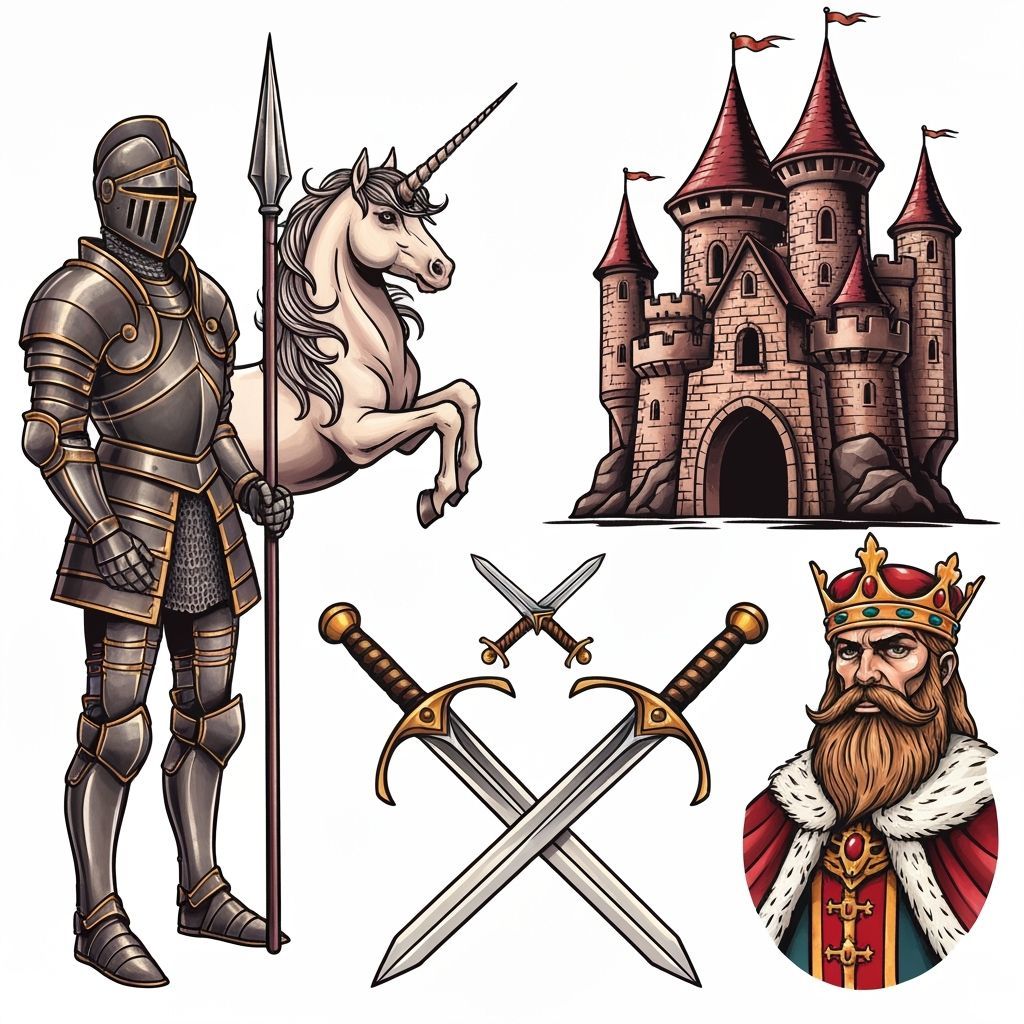 Detailed Flash Tattoo Sheet with Knight and Unicorn