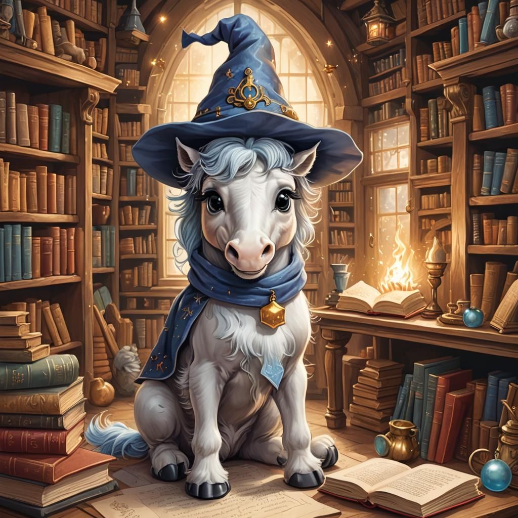 Whimsical Wizard Horse in Magical Room: Fantasy Art