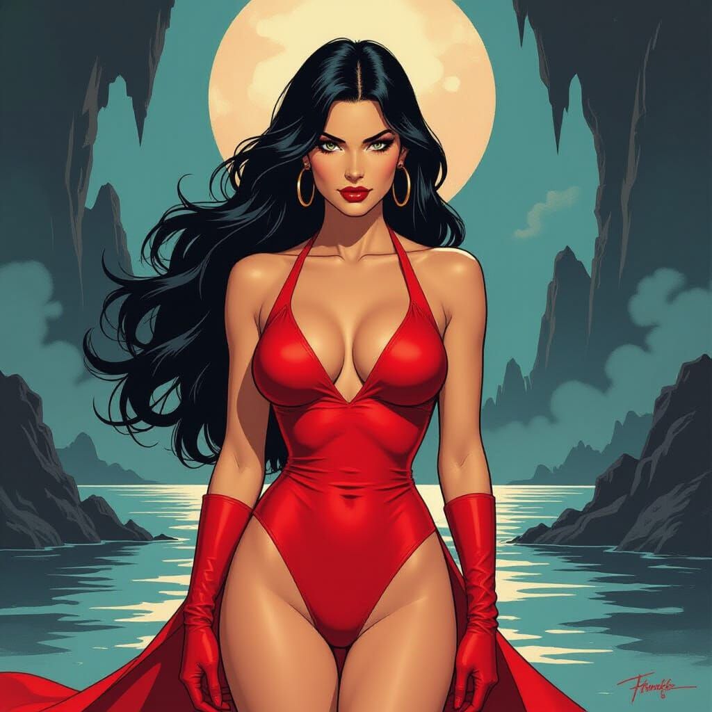 Vampirella in Gothic Landscape, Comic Book Art Style