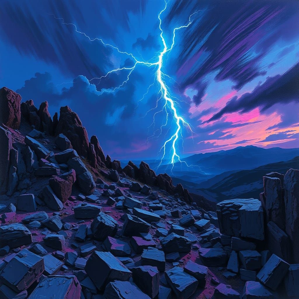 Lightning Strikes Rocky Landscape in Digital Art Style