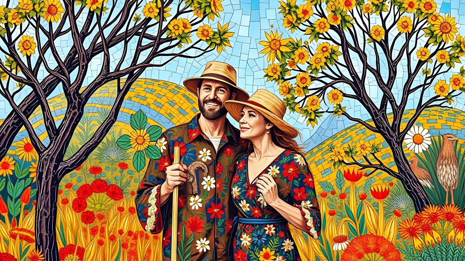 Australian Couple in Vibrant Roman Mosaic Style