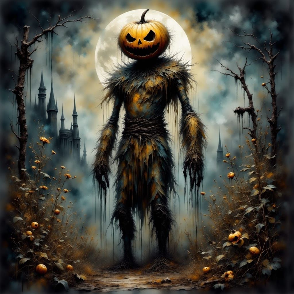 Rotten Scarecrow in Moonlit Overgrown Garden