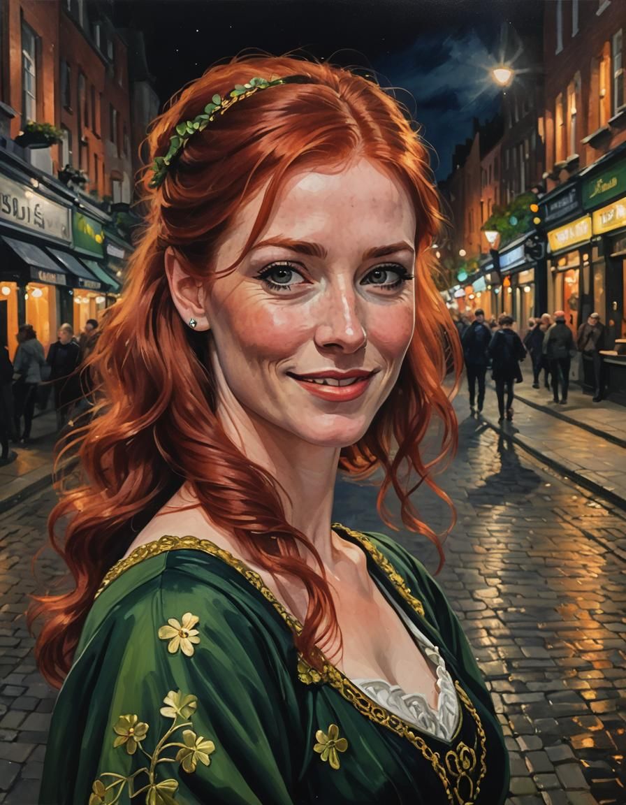 A gorgeous Young Irish woman with red hair in a Irish dress, shy smile, in Dublin At night, oil on canvas, half body por...