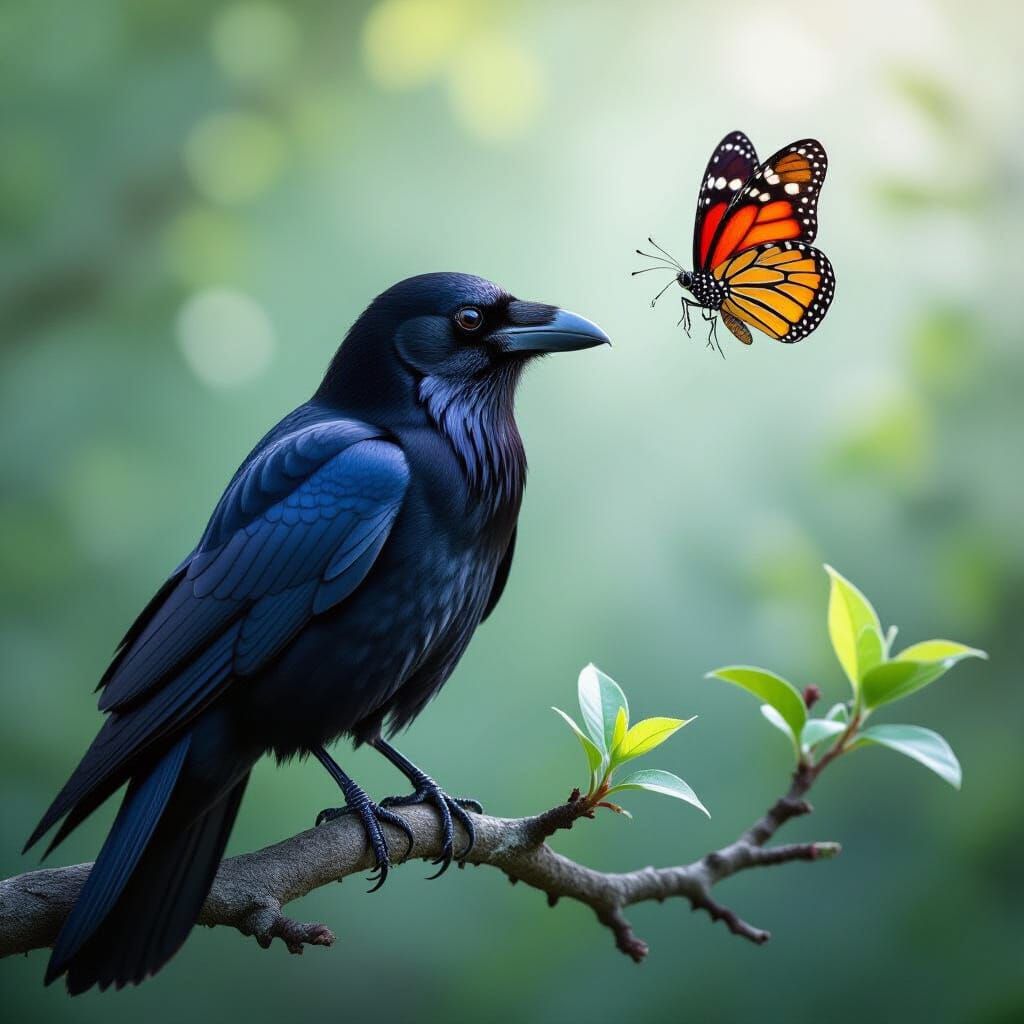 Raven and Butterfly in Detailed Illustration