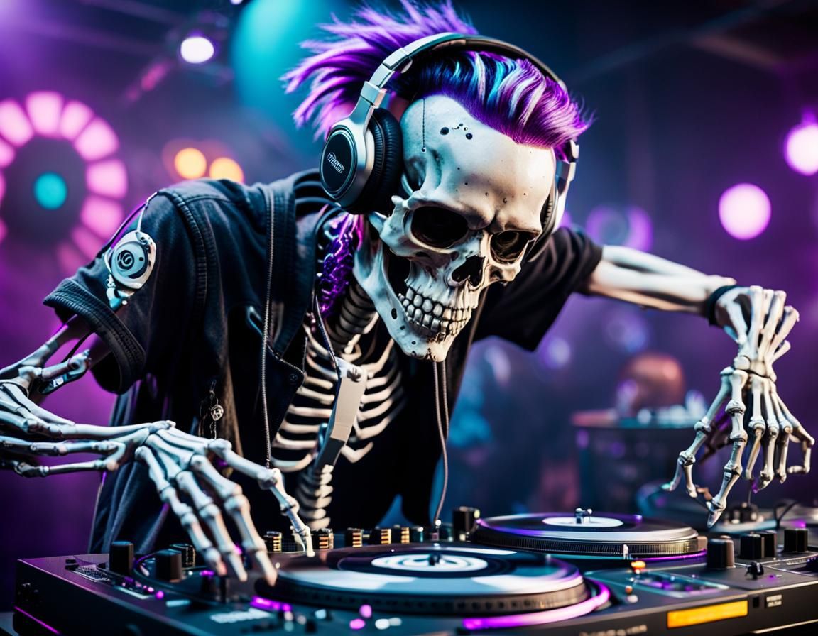 Cyberpunk DJ Skeleton in Intense Club Scene