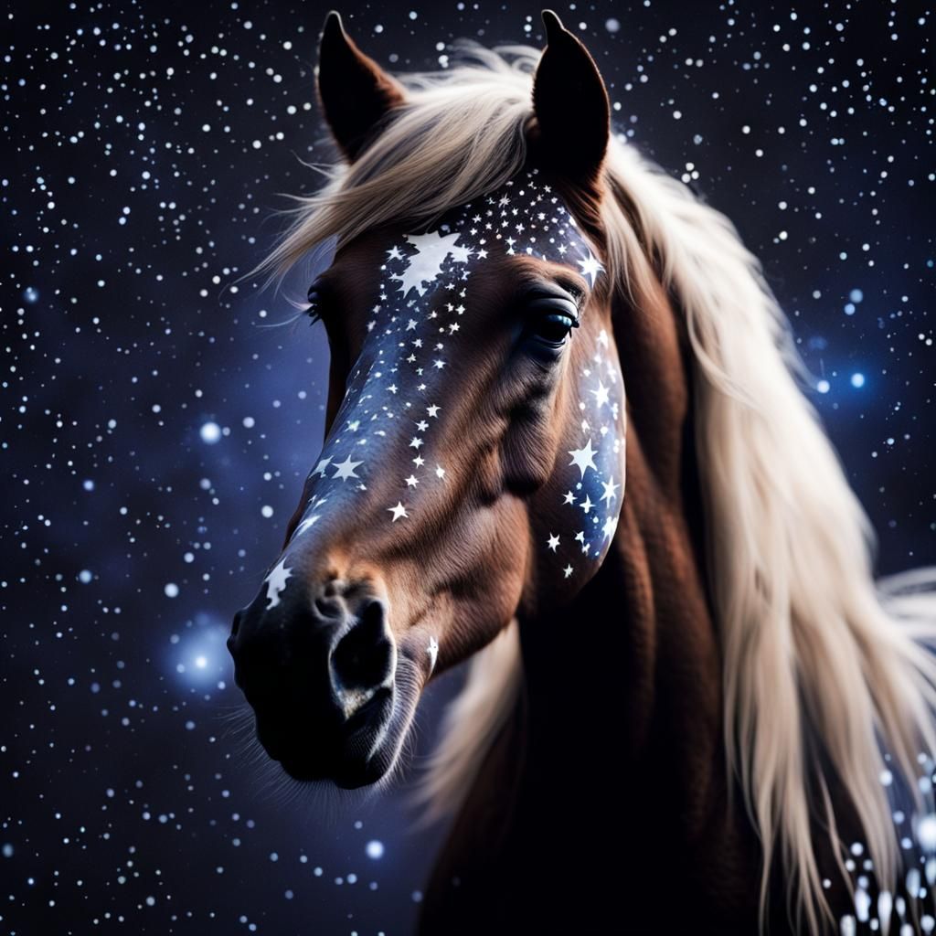 Star-Patterned Horse with Galaxy Mane: Detailed Photo