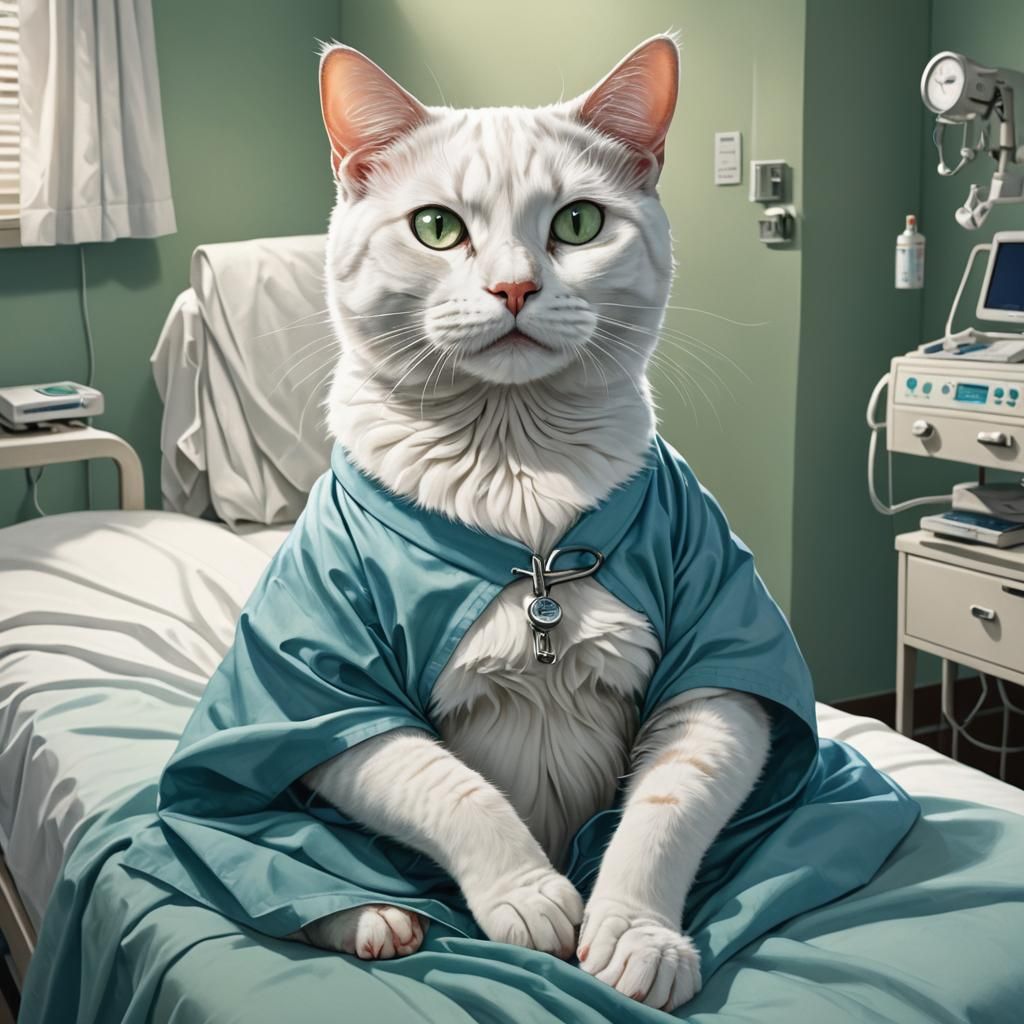 Distressed Pregnant Cat Illustration in Hospital Gown