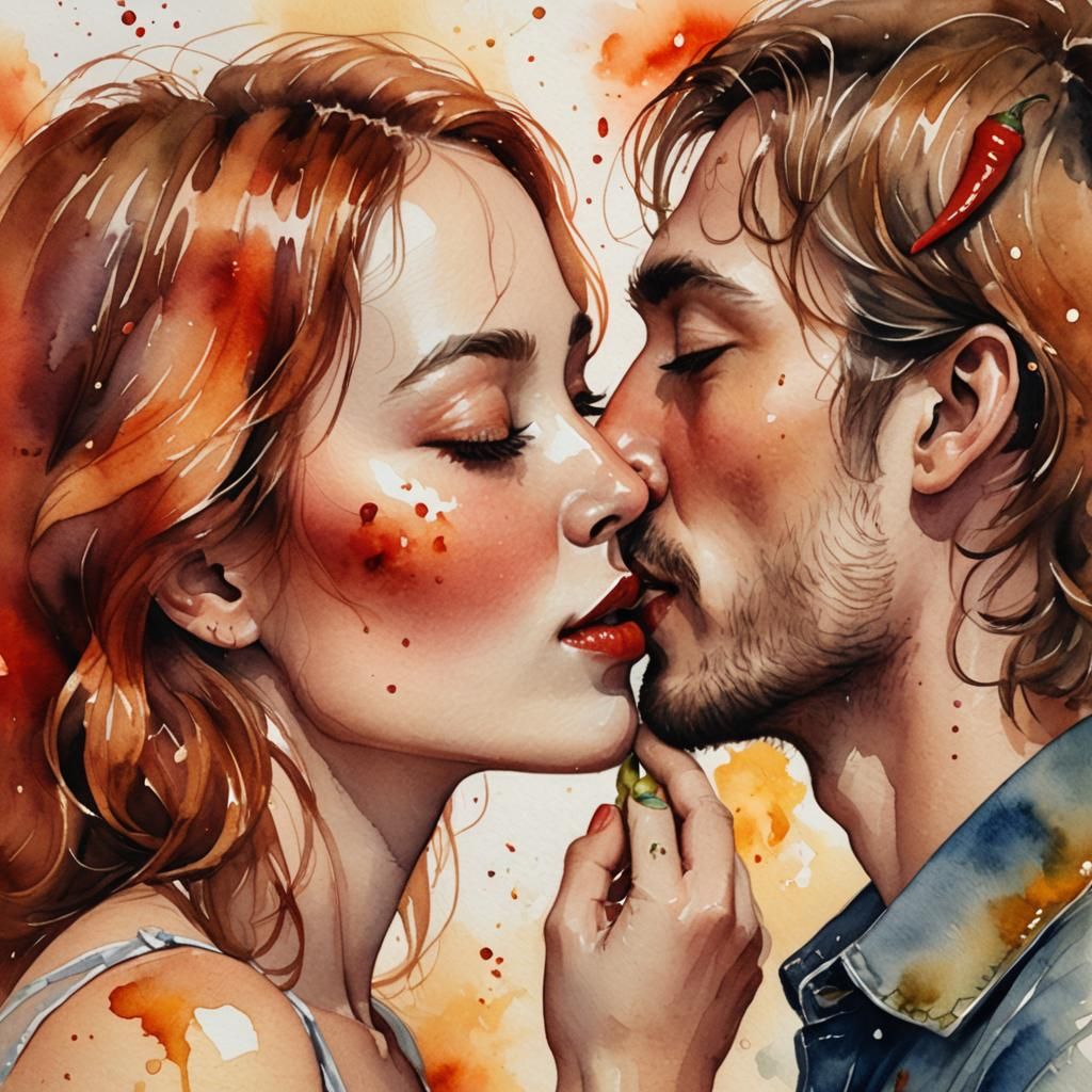 Passionate Kiss with Pepper: Romantic Watercolor Illustratio...