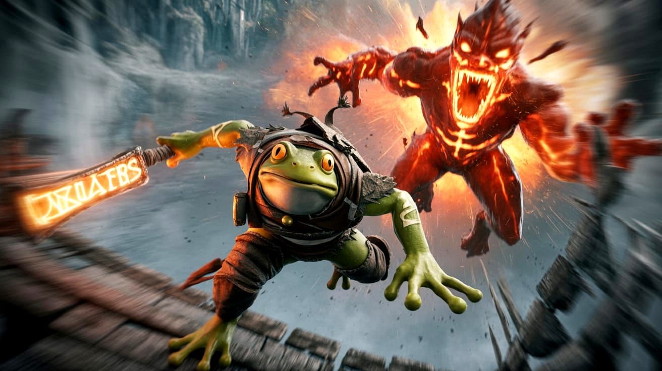 Heroic Frog Warrior Flees Fire Demon on Collapsing Bridge