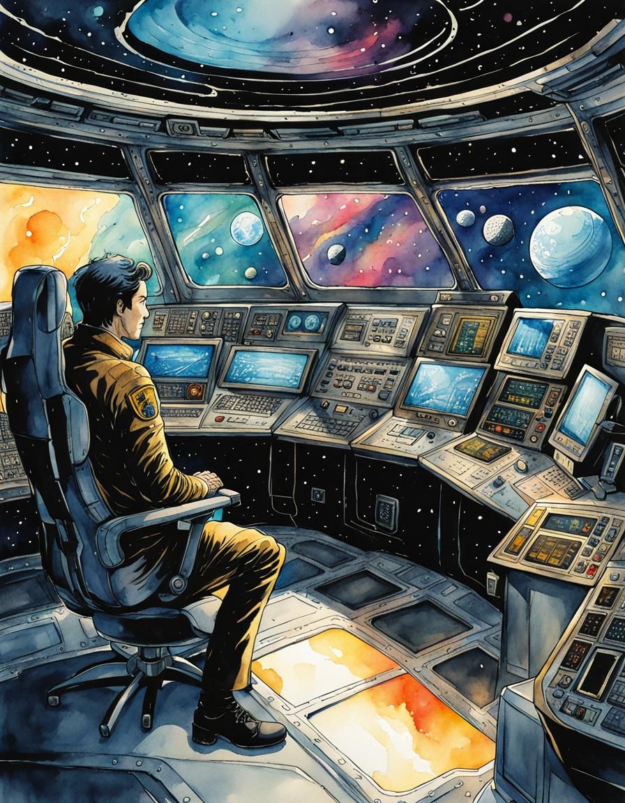 Spaceship Commander in Control Room: Watercolor Ink Art