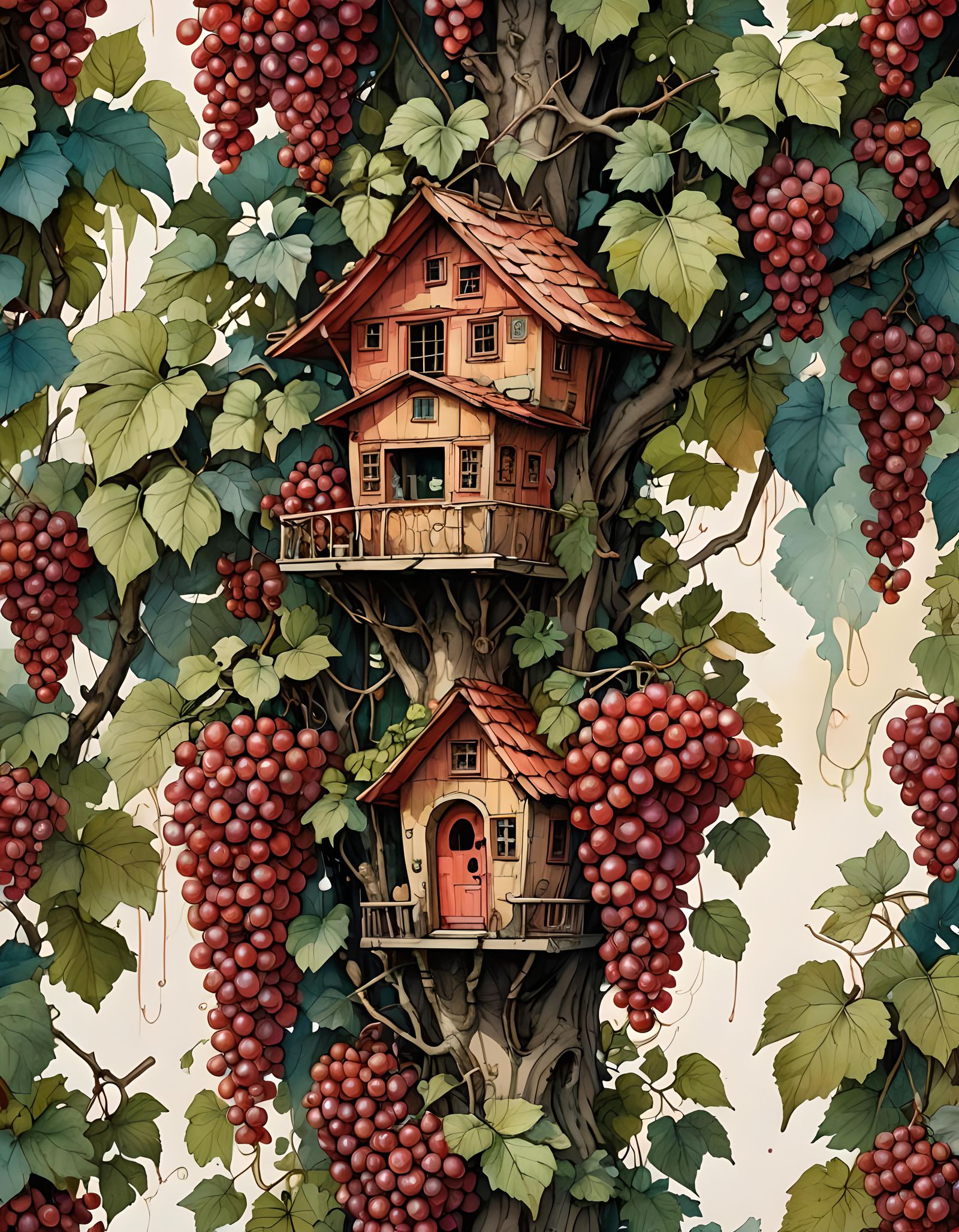 Colorful Grape Cluster Treehouse in Watercolour Style