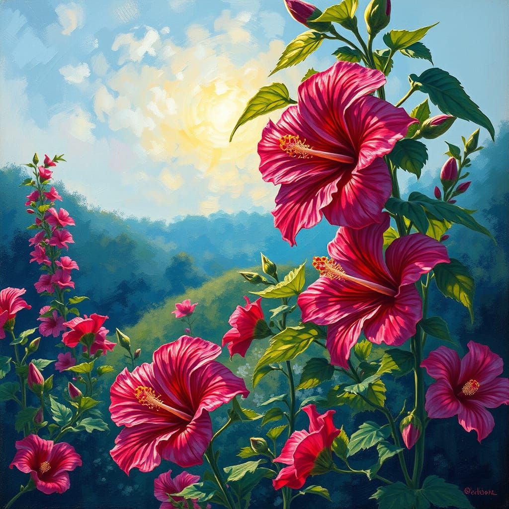 Bioluminescent Hibiscus Flowers Landscape as Impasto Paintin...