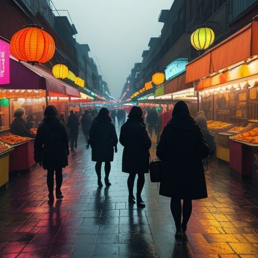 Vibrant Night Market Scene in Impressionist Style