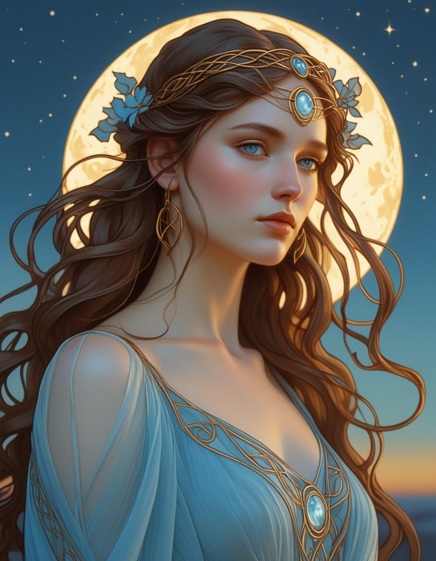 Celtic Woman in Art Nouveau Style with Crescent Moon