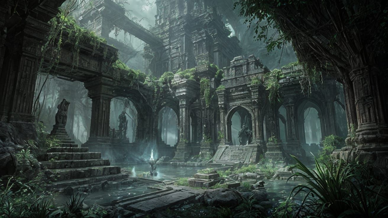 Bioluminescent Jungle Temple with Ethereal Creatures