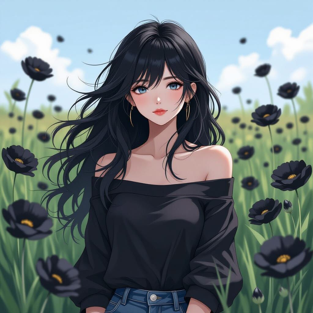 Woman in Black Amidst Black Flowers, Anime Wallpaper Style