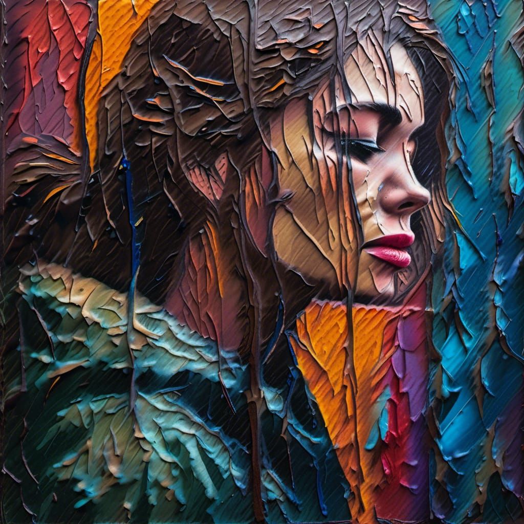 Woman Crying in Rain: Chiaroscuro Impasto Art