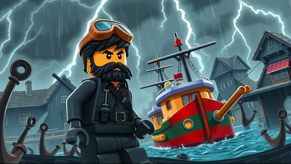 Lego Soldier Watches Pirate Port Construction in the Rain