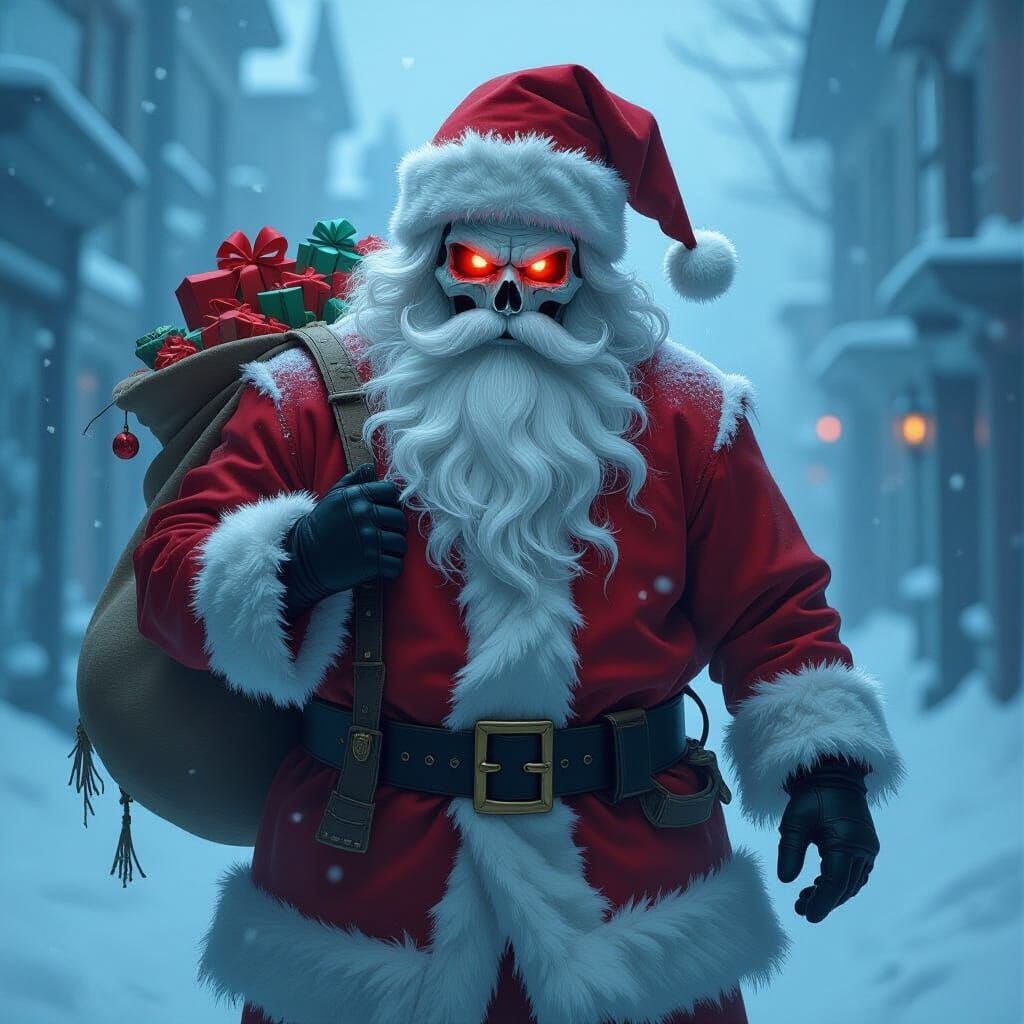 Menacing Skeletal Santa Claus in Blizzard