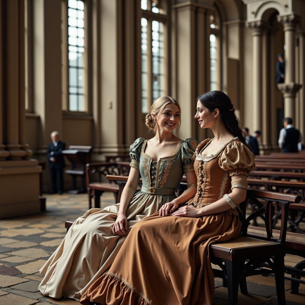 Gothic Cathedral Scene with Women in 1798 Attire