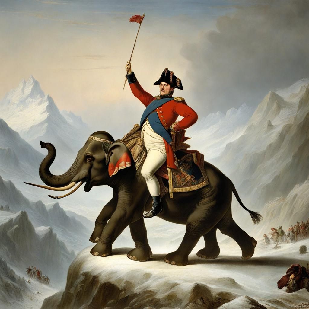 Napoleon Crossing Alps on Elephant in Surreal Style