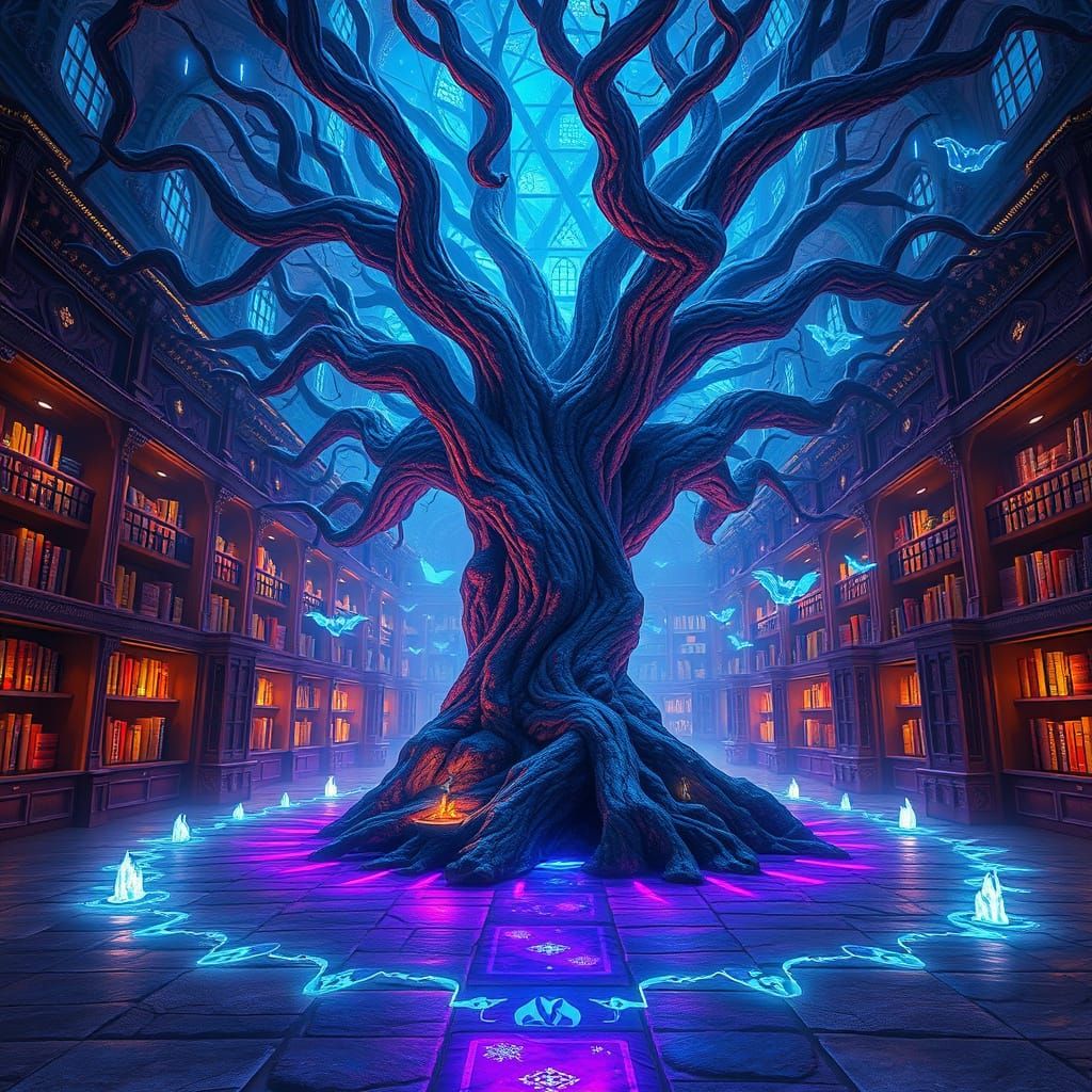 Ethereal Tree Glows in Magical Library, Hyperrealistic Style