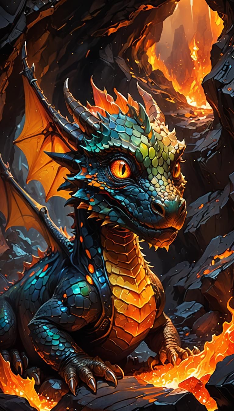 Glowing Baby Dragon in Volcanic Cave