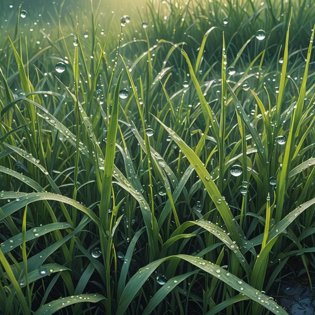 Dew Droplets Glisten on Lush Grass