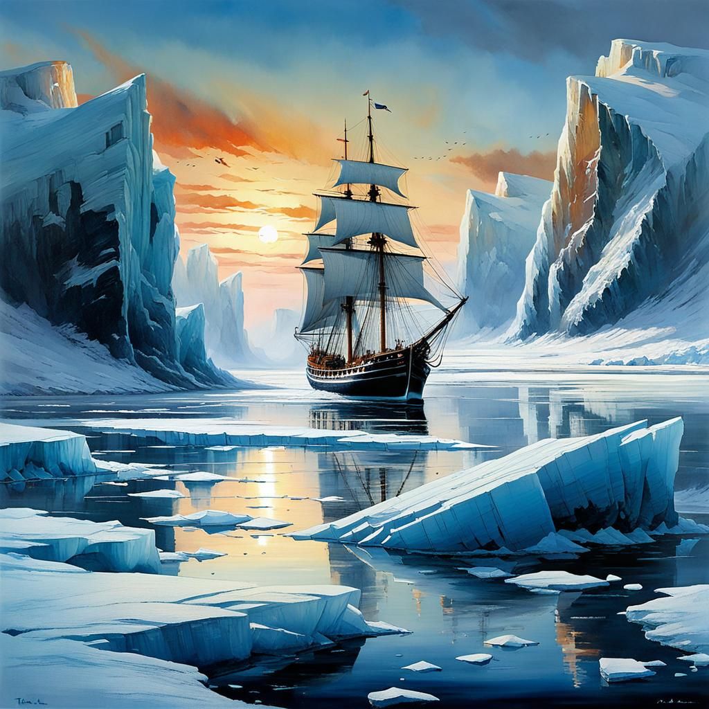 Sailing Ship at Sunset in Wild Ice Landscape