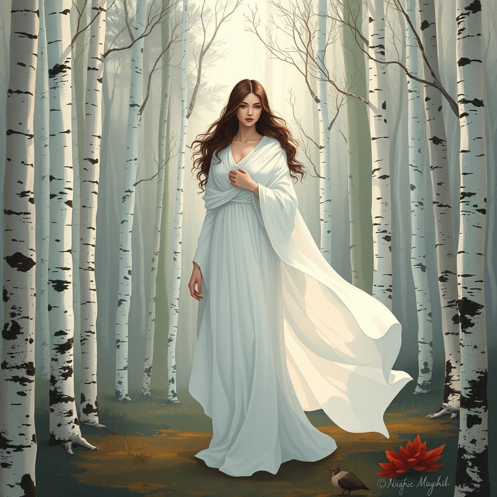 Ethereal Goddess Among Birch Trees