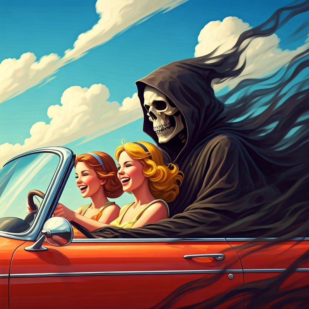 Cheerful Girls and Ominous Reaper in 70s Style