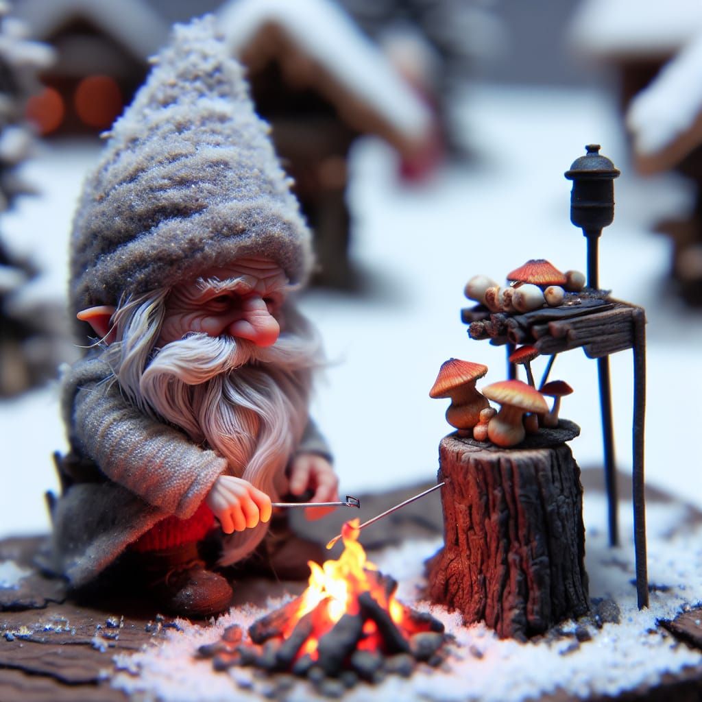Gnome Cooking rosting mushroom