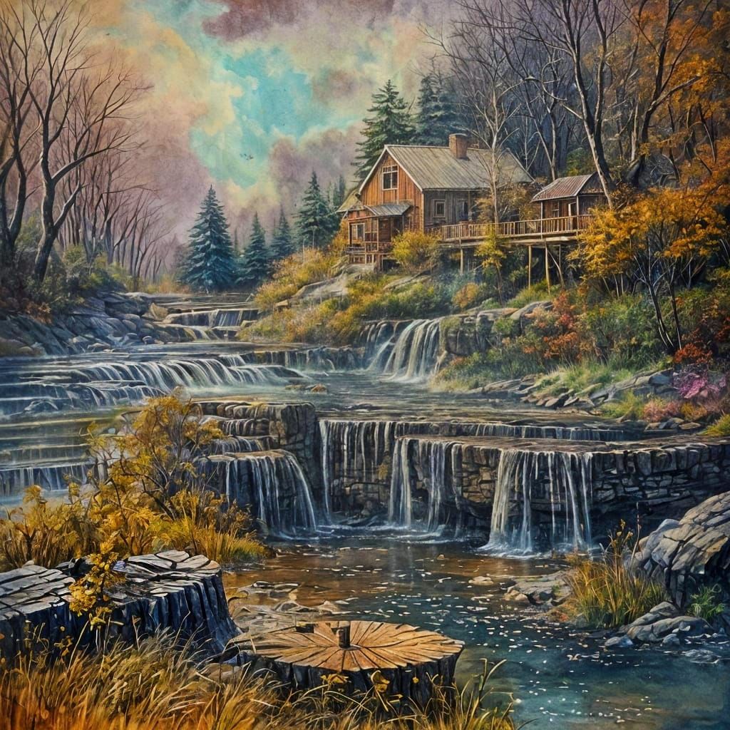 Charming Cottage in Magical Meadow: Ink Painting