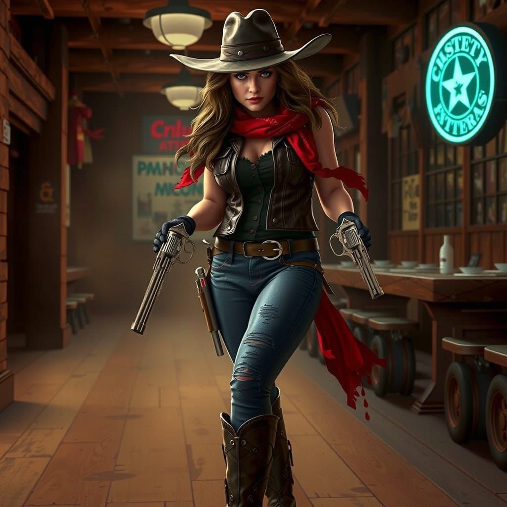 Rugged Cowgirl in Leather Vest and Crimson Bandana, Inspired...