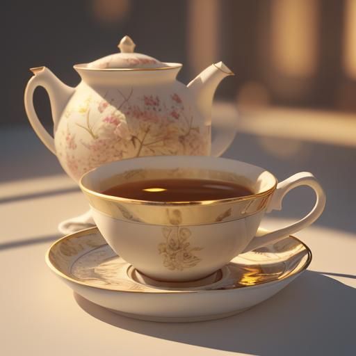 Hyper-Rendered 3D Cup of Tea in Golden Hour