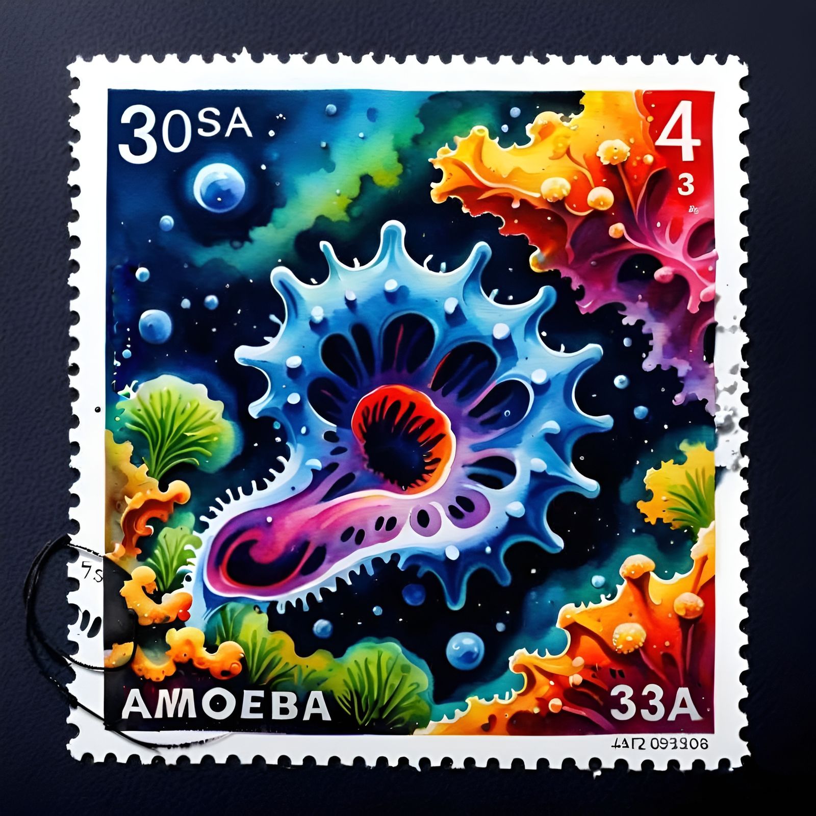 Amoeba Postage Stamp in Watercolor Painting Style