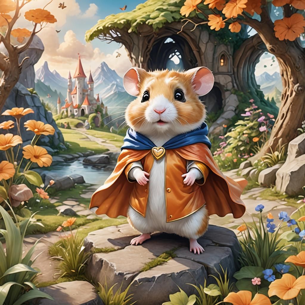 Friendly Hamster Superhero in Fairy Tale Landscape
