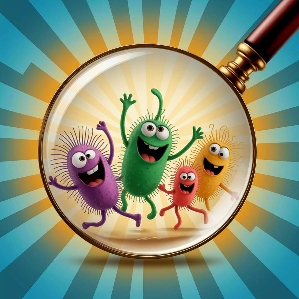 Whimsical Microbes Dancing Under Antique Magnifying Glass