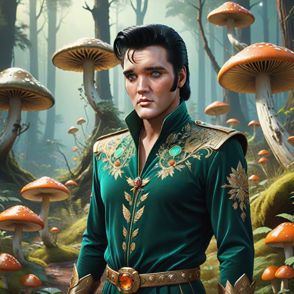 Elvis Presley in Emerald Velvet, Amidst Vibrant Fantasy Real...