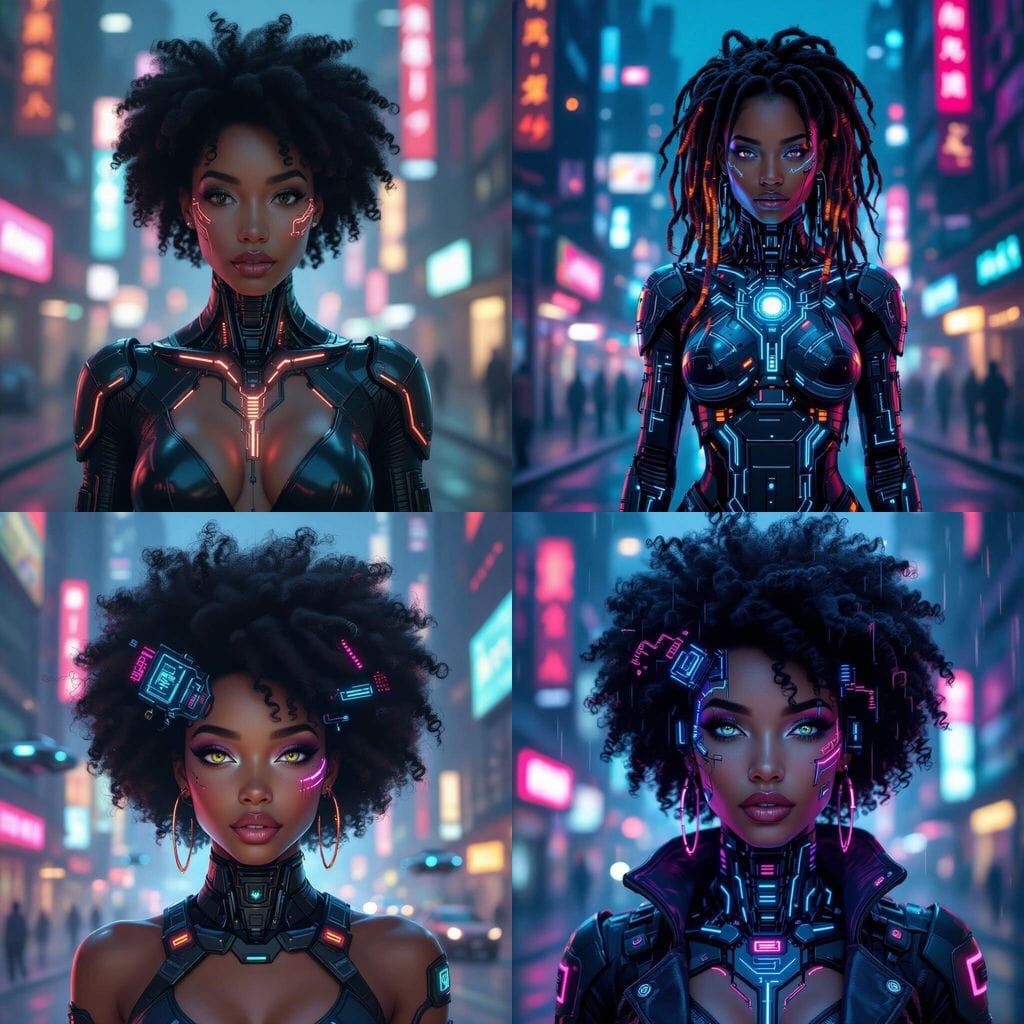 Cyberpunk Afro Woman in Futuristic City