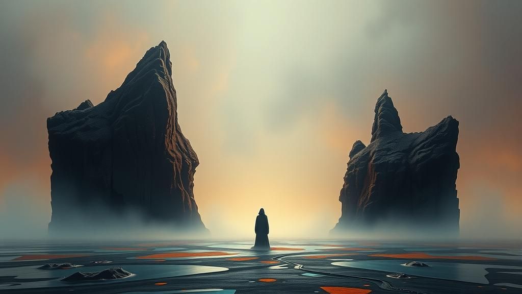 Mystical Figure in Melting Surreal Landscape