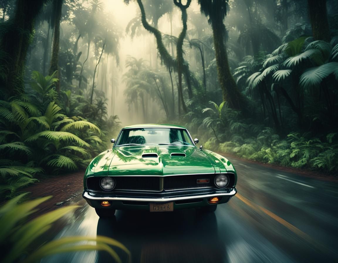Muscle Car in Rainforest: Cinematic Film Still