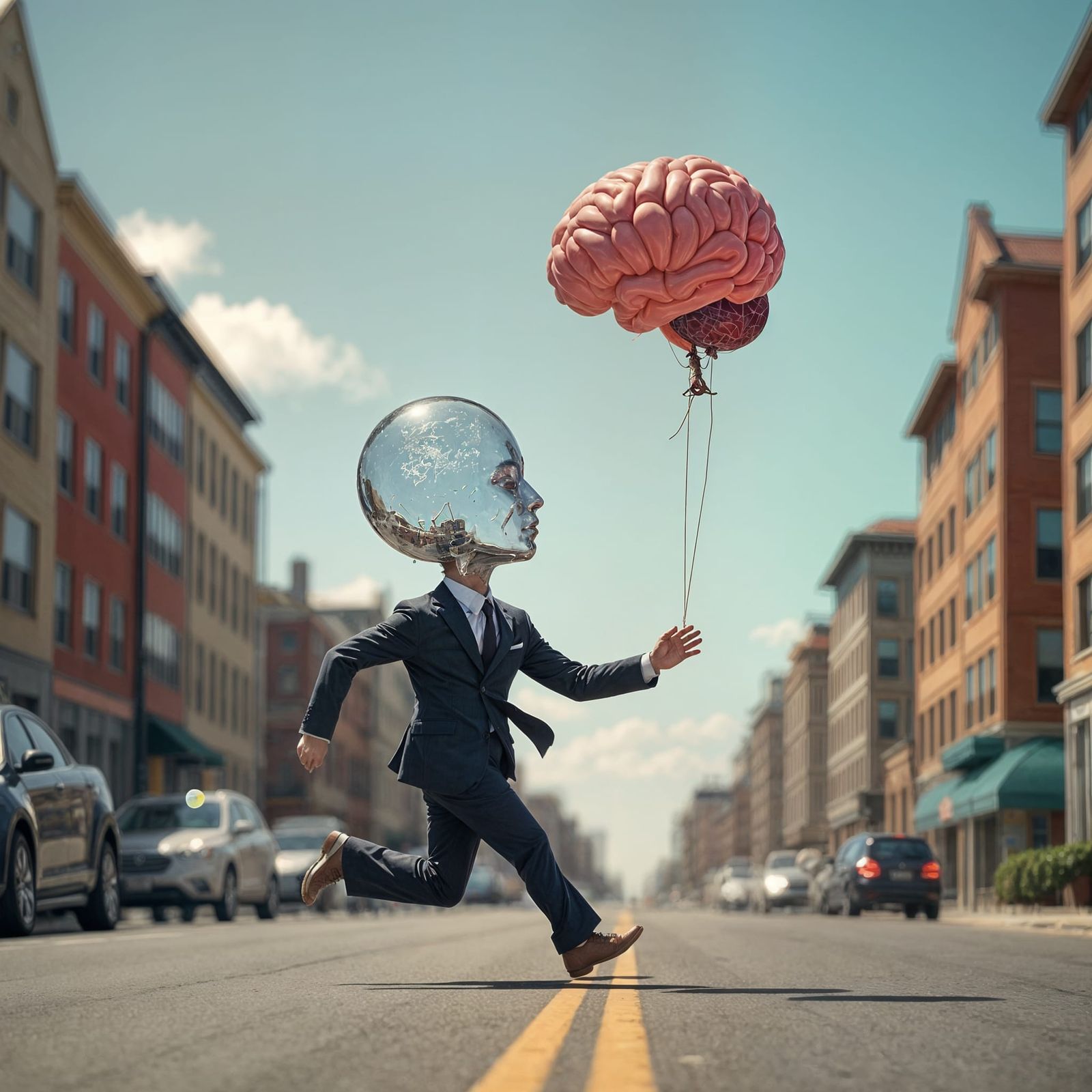 Man Chases Transparent Brain in Urban Landscape
