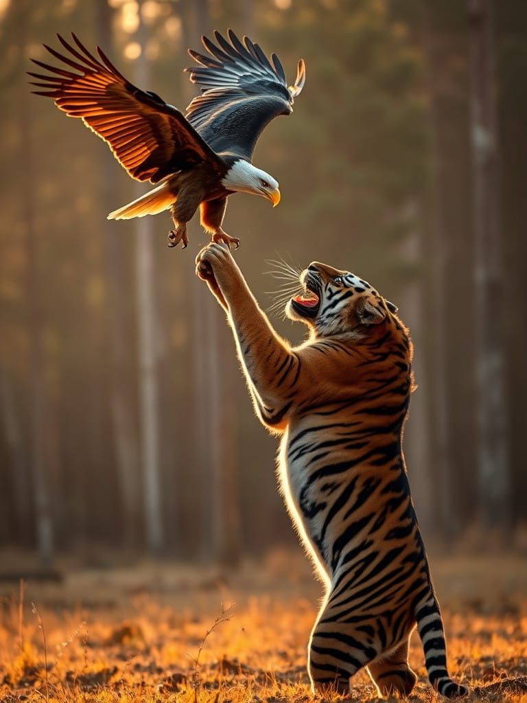 Tiger and Eagle Engage in Fierce Battle Amid Golden Sunset