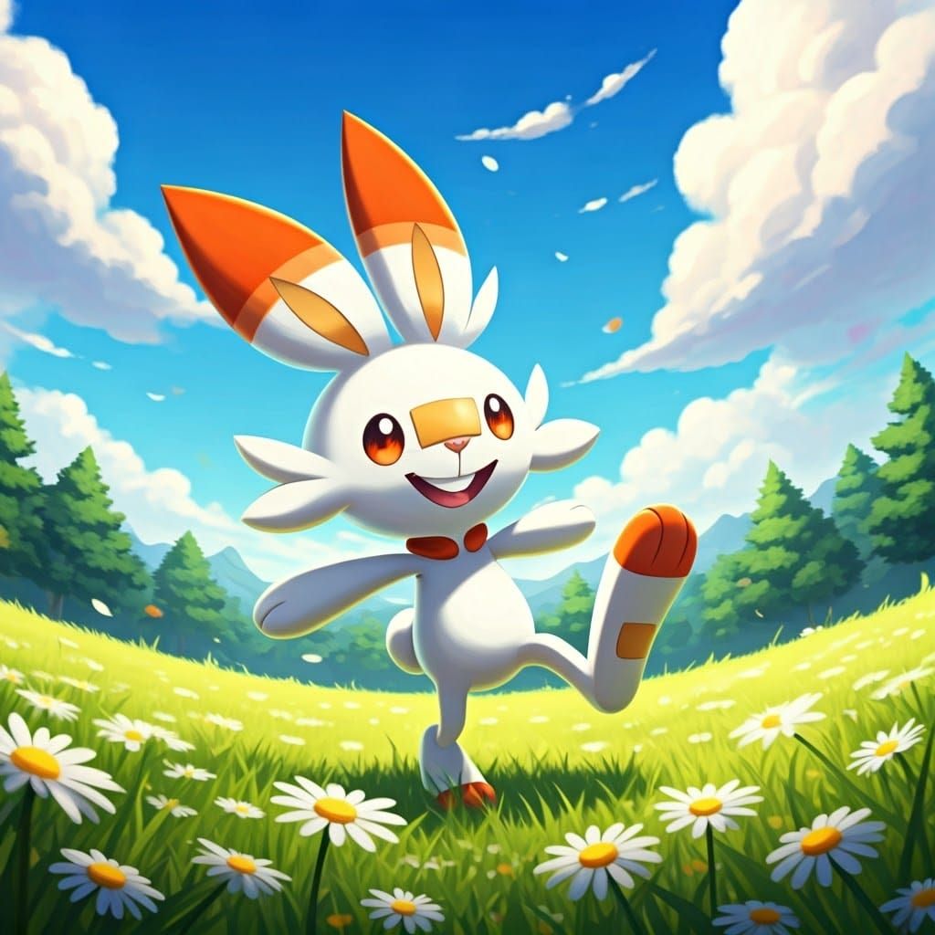 Energetic Scorbunny Bounding Through Sunlit Meadow