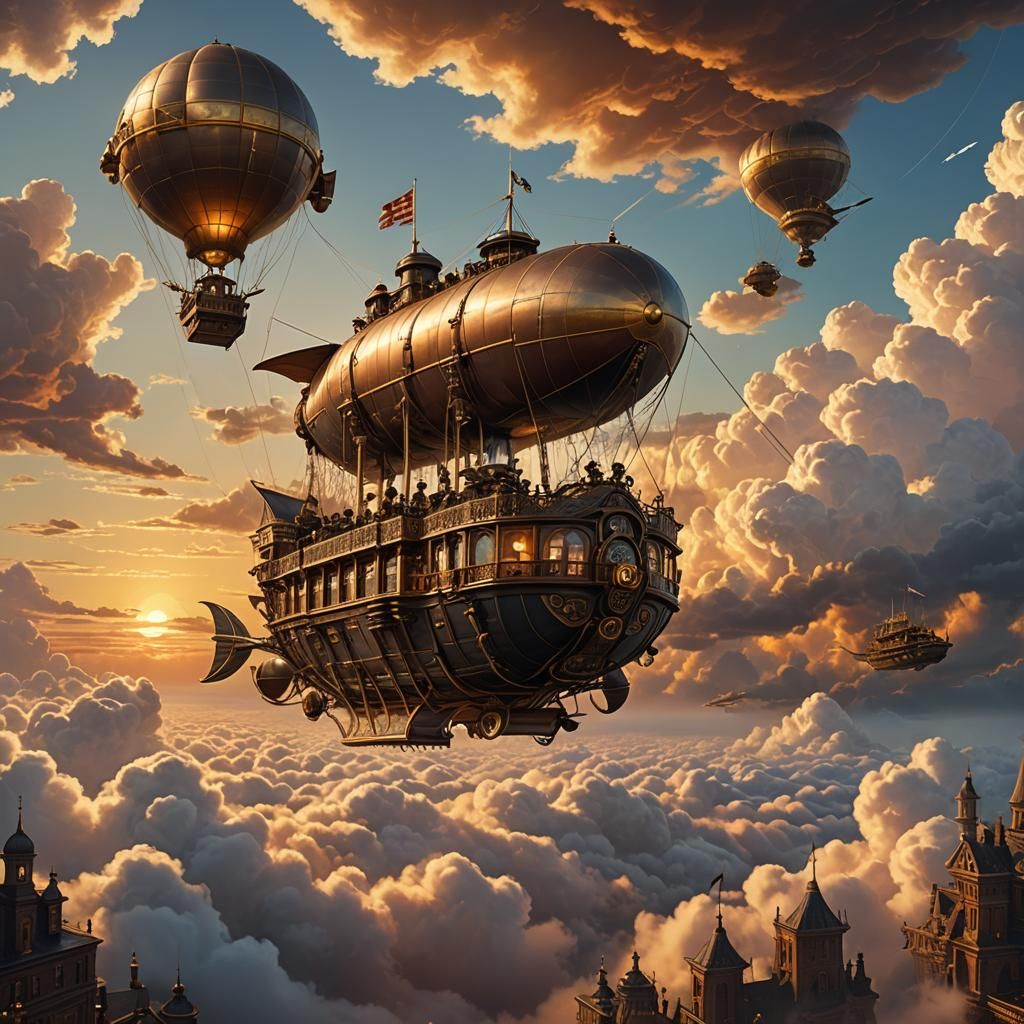 Steampunk airship sailing through the clouds at sunset, with intricate details in the ship's design and the crew’s Victo...