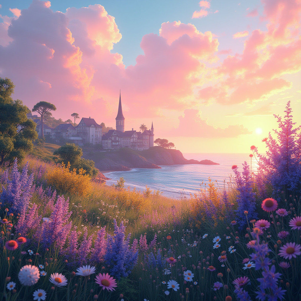 Wildflower Tapestry at Sunset, Dreamy Digital Art
