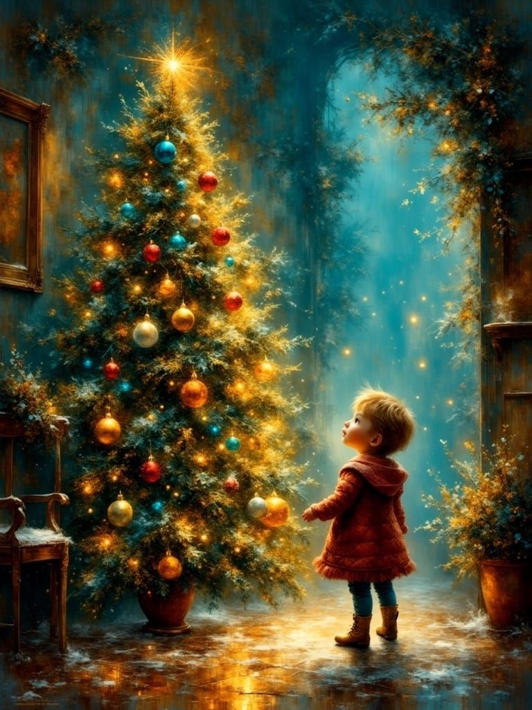 Child's Wonder at Giant Christmas Tree