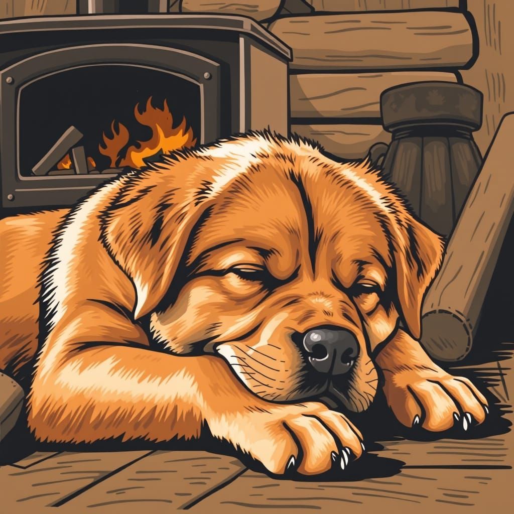 Labrador Chow Mix Dog Sleeps Peacefully by Woodstove