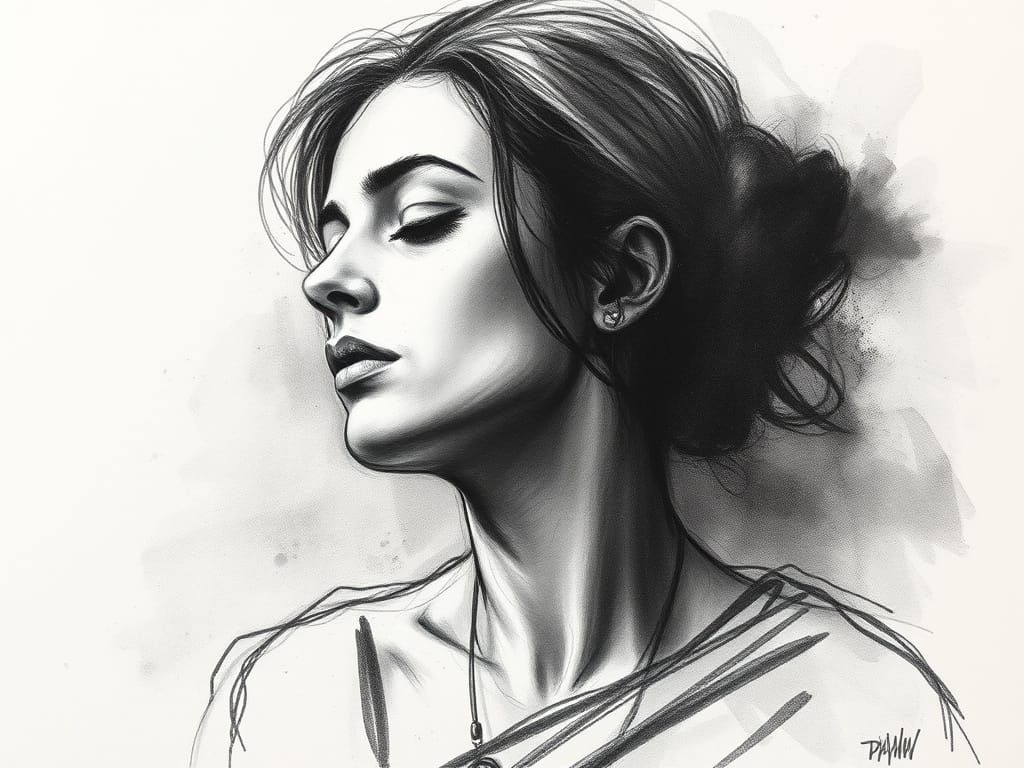 Expressive Charcoal Portrait of a Woman in a Dreamy, Atmosph...